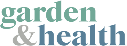Garden and Health Logo - Green, gray, and blue serif type